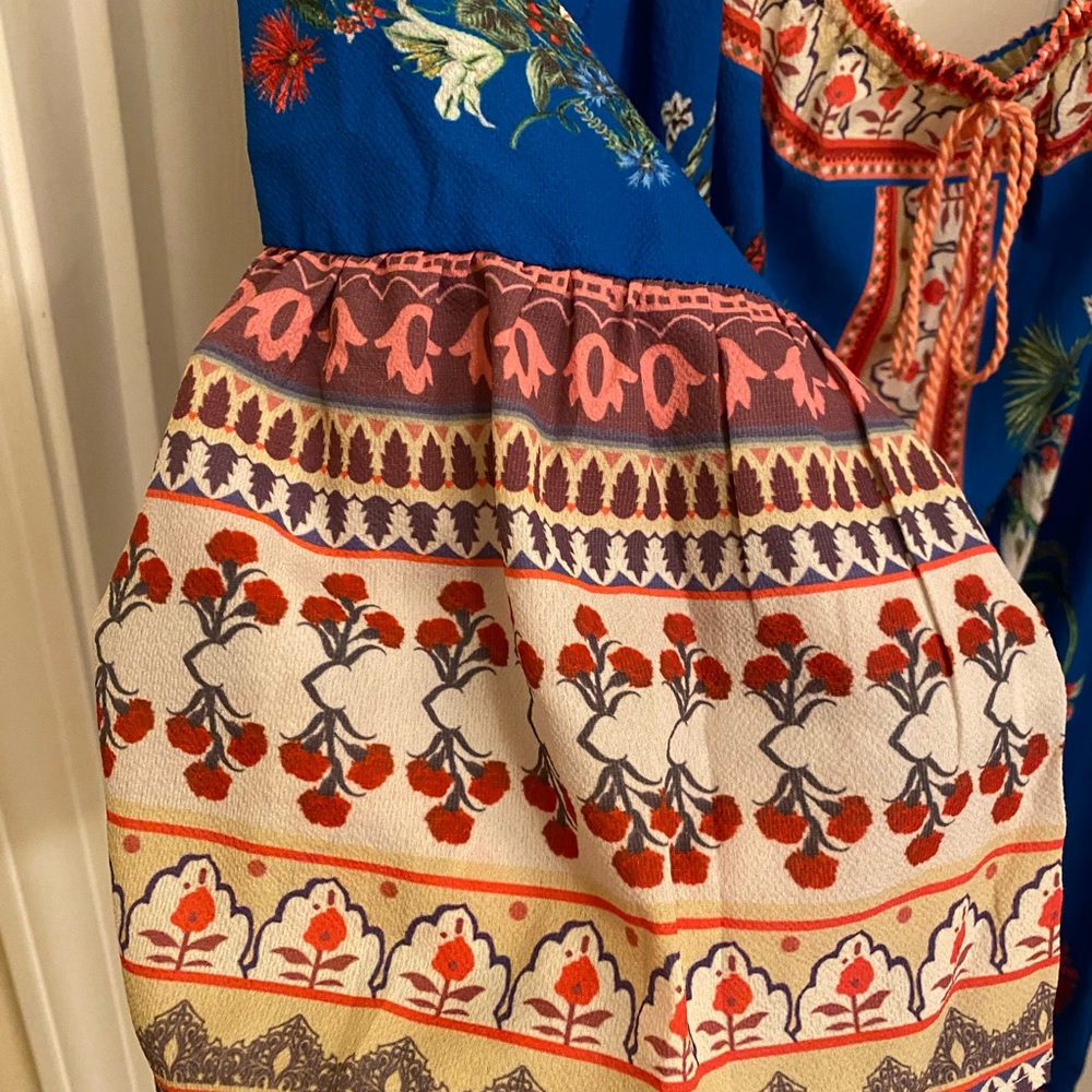 NWT Umgee Blue Off Shoulder Babydoll Floral Mini Dress Tassels bell sleeves Boho - Picture 6 of 13